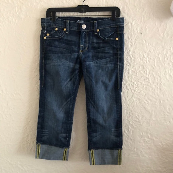 Rock & Republic Y2k 2000s Dark Wash Neon Yellow Low Rise Cropped Jeans Capris 28 - Picture 2 of 10